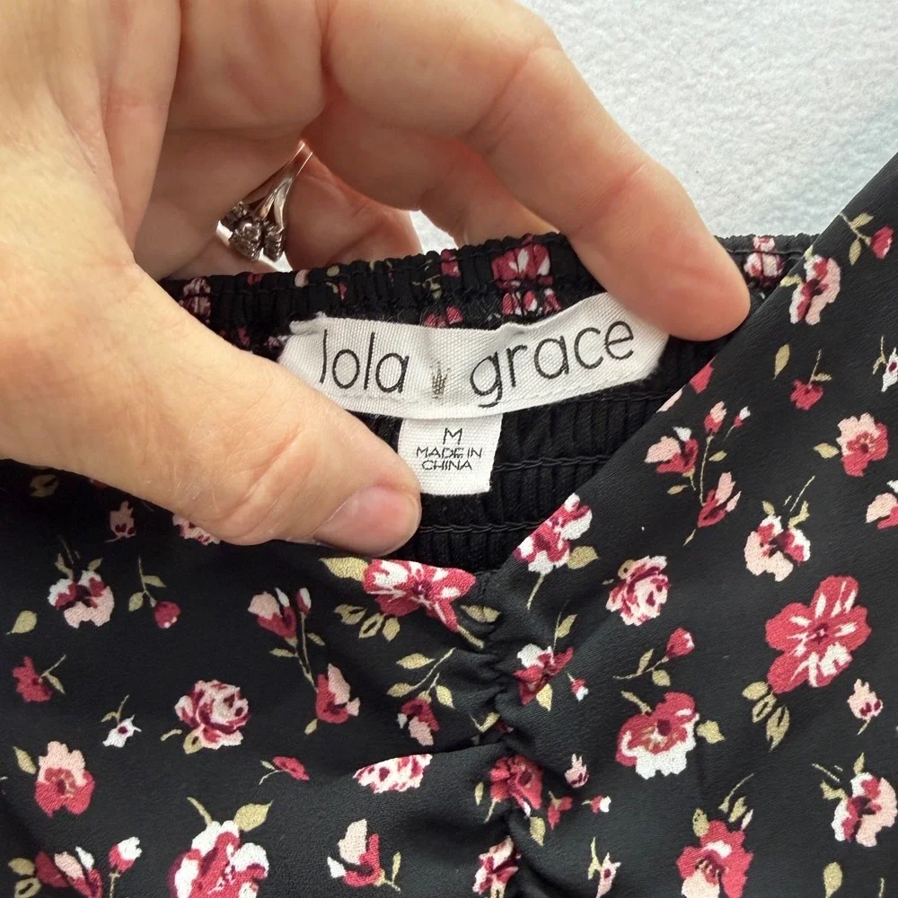 Lola Grace Floral Midi Dress Womens Medium Black Pink Flutter Sleeve Cottagecore